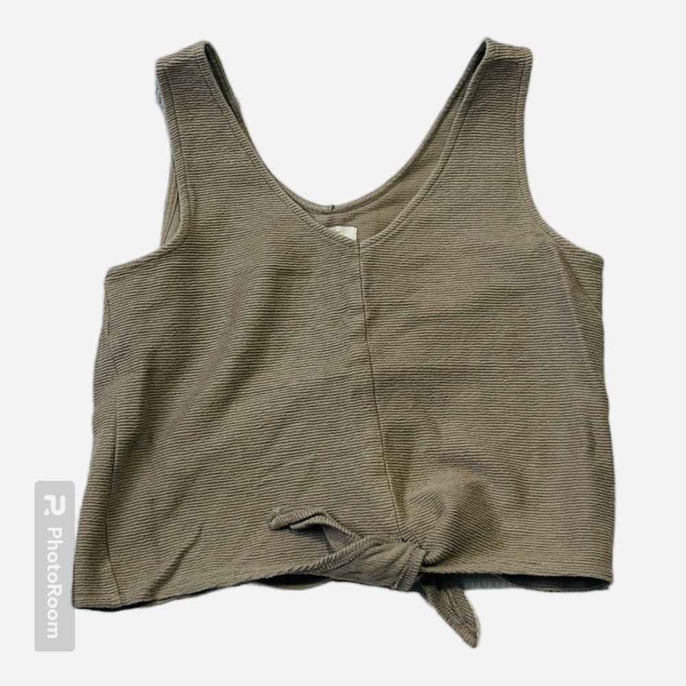 Madewell Tie Front Ribbed Crop  Cotton Tank Top Beige Tan | Size Small - Picture 2 of 5